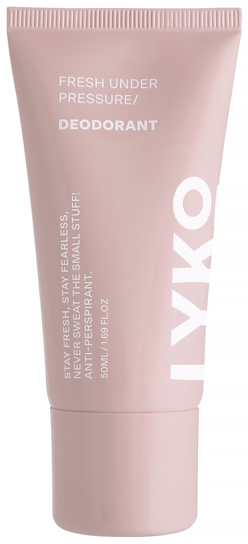 Ett mjukt rosa rör av friskt underarm deodorant med vit text och enkel design.
