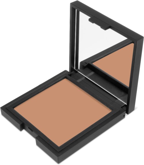 En makeup-compacta med spegel, innehållande beige puder för ansiktsMakeup.