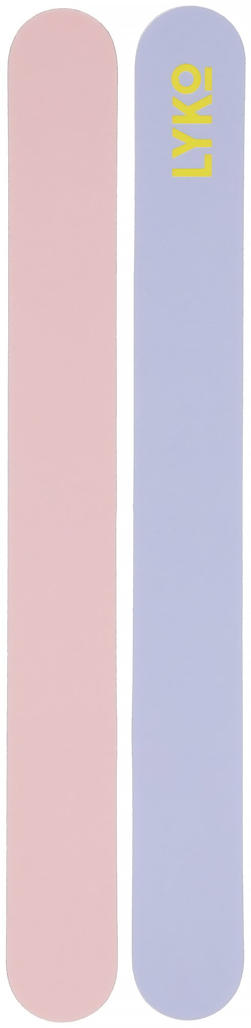To lodrette søjler, pink og lilla, med gul tekst på den lilla søjlen. Teksten siger 'LYKO'.