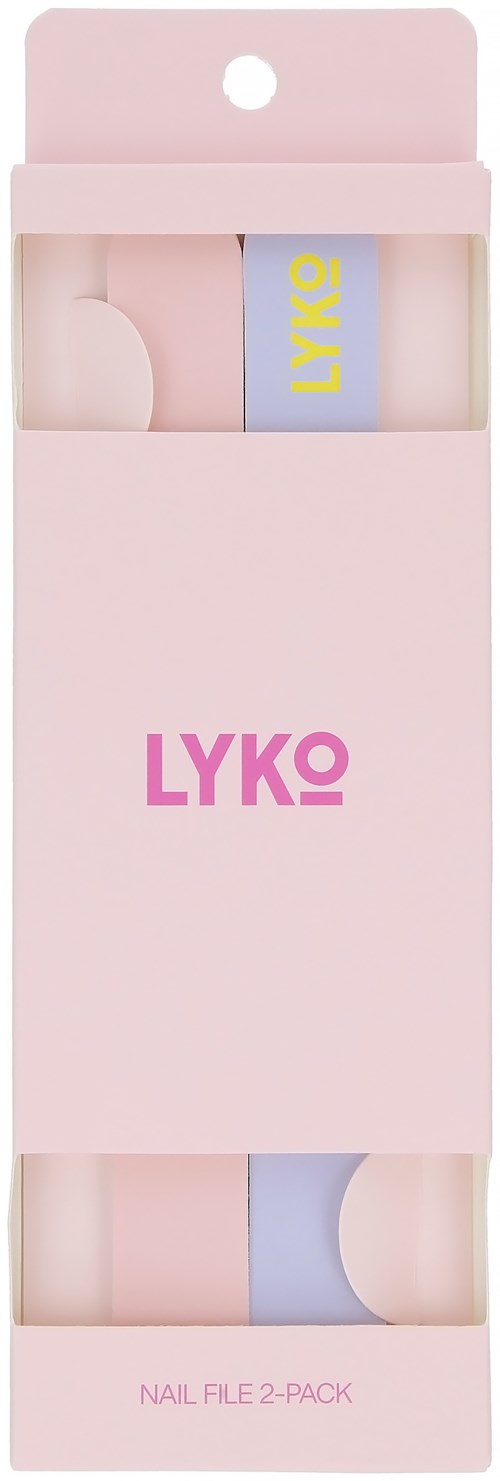 En pink kasse indeholder to pakker med LYKO neglefiler, med synlige filer og en rund buffer. Kassen er delvist åben.