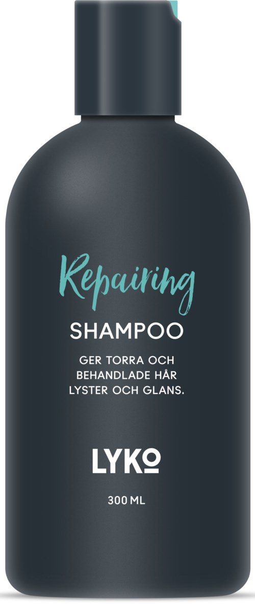 En mörkfärgad schampoflaska med blå och vita texten, märkt 'Repairing Shampoo' för skadat och sprött hår, 300 ml.