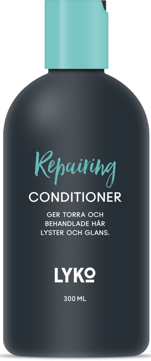 En mörk flaska med repairing balsam, ljusblå cap och text om hårvård. 300 ml storlek.