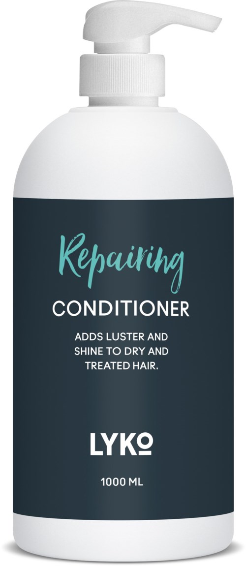En vit flaska med pump märkt 'Repairing Conditioner' för torrt, behandlat hår, med 1000 ML kapacitet.
