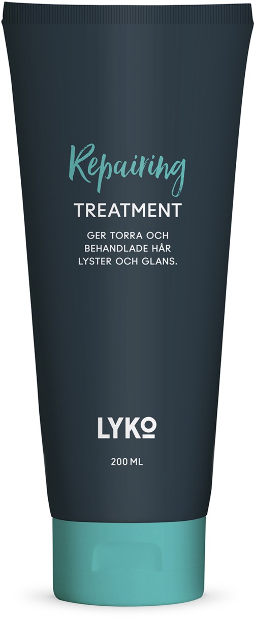 En mörk tubflaska med ljusblågrön kork för hårreparationsbehandling, 200 ml, av Lyko.