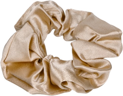 Beige kiiltävä kangashiuslenauha rengas-muodossa.