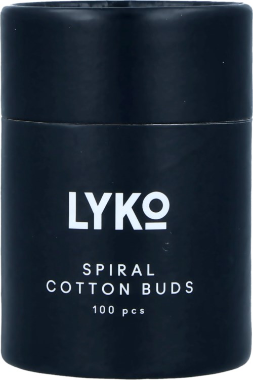 En svart behållare märkt 'LYKO' med 100 spiral bomullspinnar.