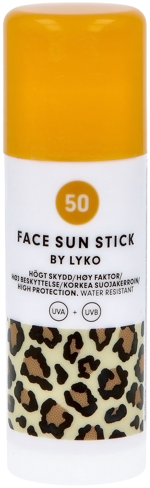 Kasvonsuojakynä, jossa keltainen yläosa, leopardsarjainen kuvio ja SPF 50 -merkki tarjoten suojaa.