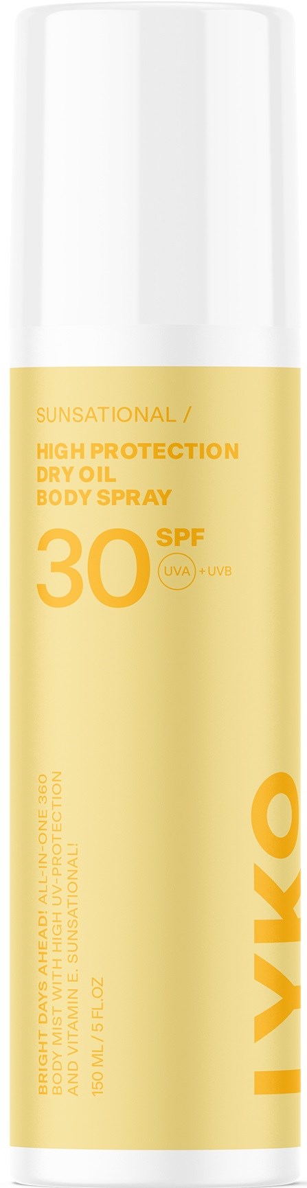 Yellow sunscreen spray bottle with SPF 30 label and white cap.