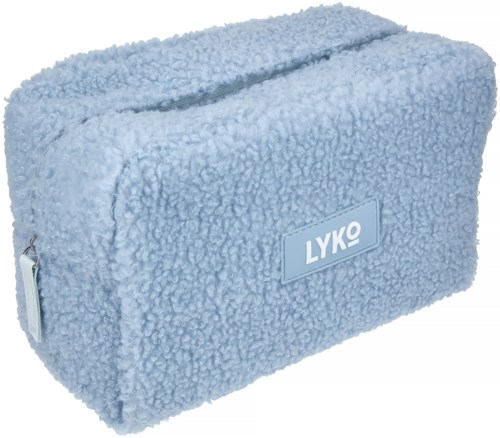 En myk, fluffy blå veske med glidelås og et merkelapp som sier 'LYKO'.