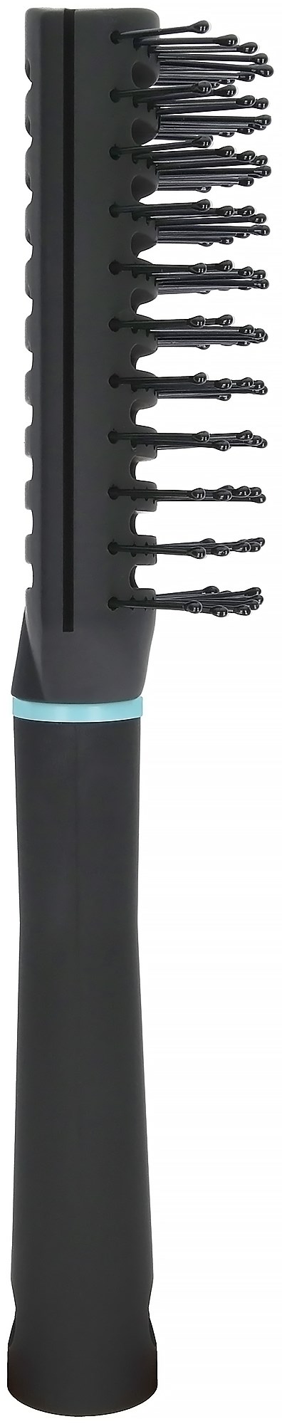 A black hairbrush with a flat, transparent handle and small bristles arranged in rows.