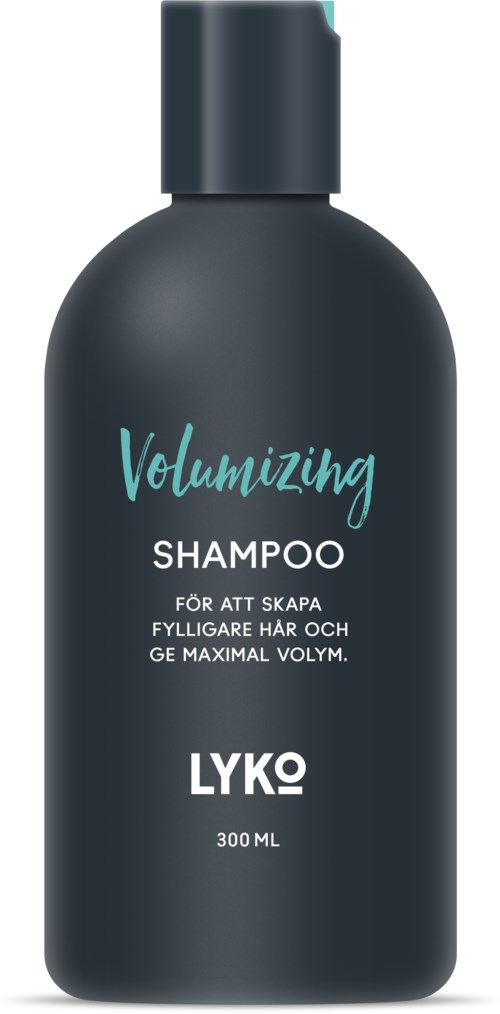 En mörk flaska med volymgivande schampo med blå och vita texter, 300 ml storlek, för tjockare hår.