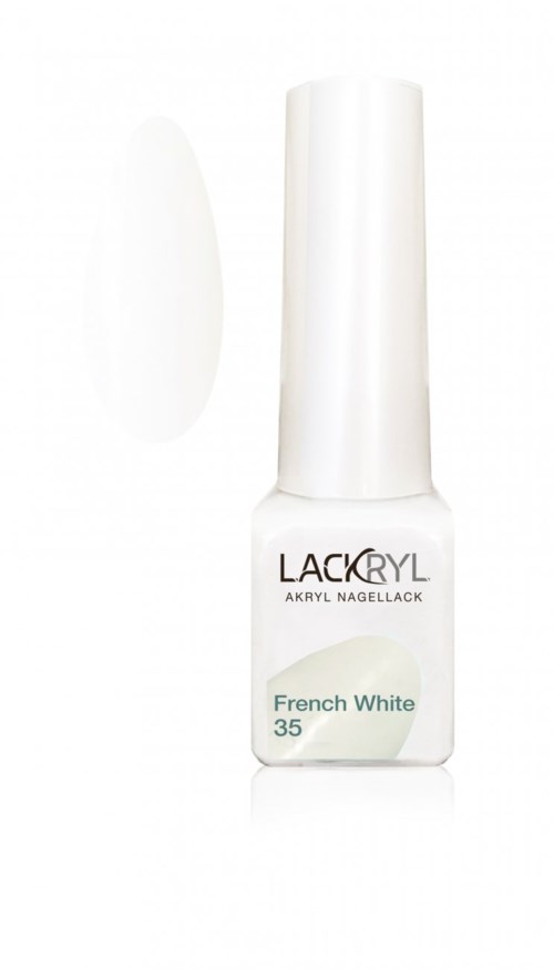 Bilden visar en vit nagellackflaska märkt 'LACKRYL' med färgen 'French White 35'.