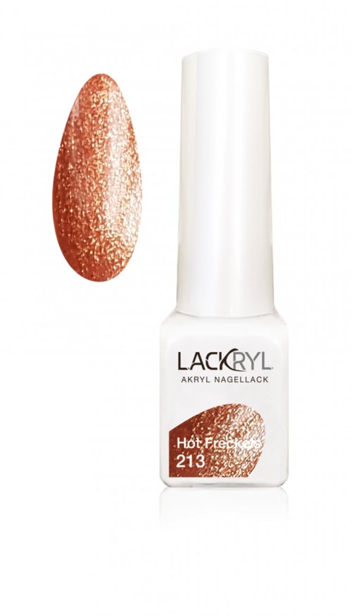 En flaska nagellack i kopparfärg och en matchande provfärg på vit bakgrund.