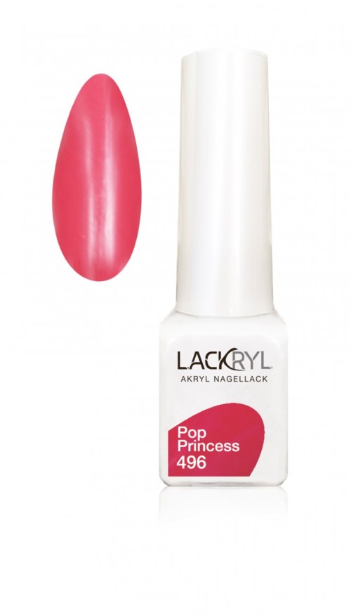 En vit nagellackflaska med en rosa etikett som säger "Pop Princess 496" och en rosa nagelform visas.