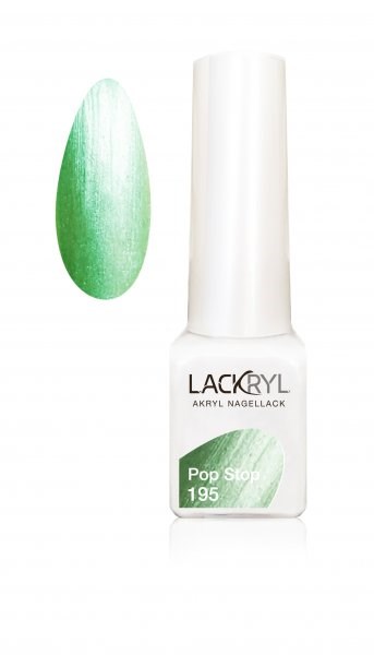 En vit nagellackflaska märkt 'LACRYL' med en grön oval klistermärke som visar 'Pop Stop 195'.