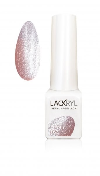 En nagellackflaska märkt 'LACKRYL' med rosa glitterfärg och en matchande färgprov.