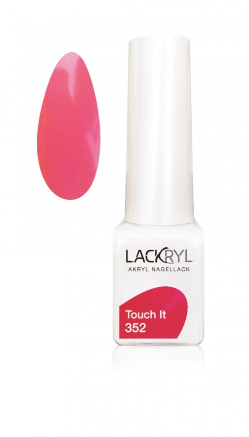 En vit nagellackflaska märkt 'Touch It 352' med en rosa färgprov och en rosa droppform.