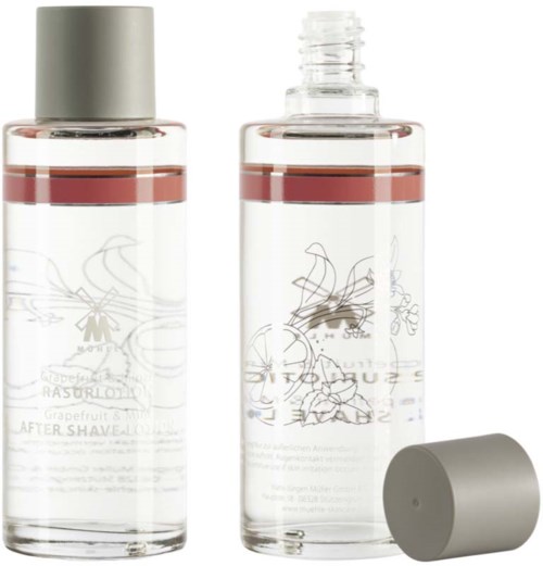 Two clear bottles with gray caps, one open showing a spray nozzle, parts of the labels visible.