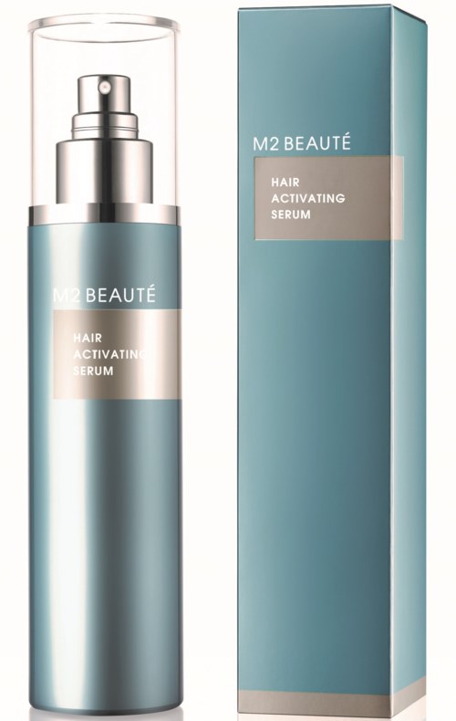 A blue cylindrical bottle with a spray top next to a matching box, labeled "M2 BEAUTE Hair Activating Serum."