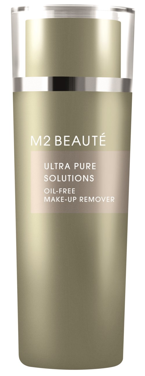 En lång, guldfärgad flaska med silverlock, märkt M2 Beauté Ultra Pure Solutions Oil-Free Make-up Remover.