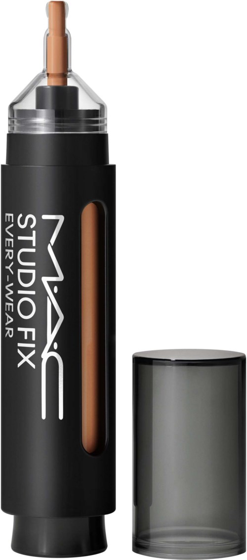 A liquid makeup concealer with a brush applicator, black and gray container, and clear cap.