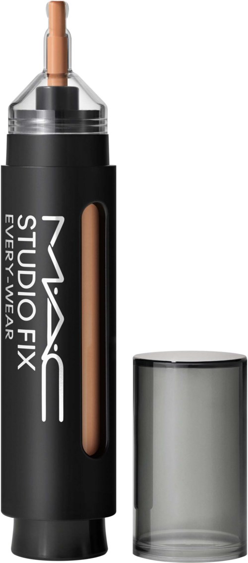 Et leppeglose eller flytende sminkeprodukt med klar hette og svart emballasje, merket MAC Studio Fix.