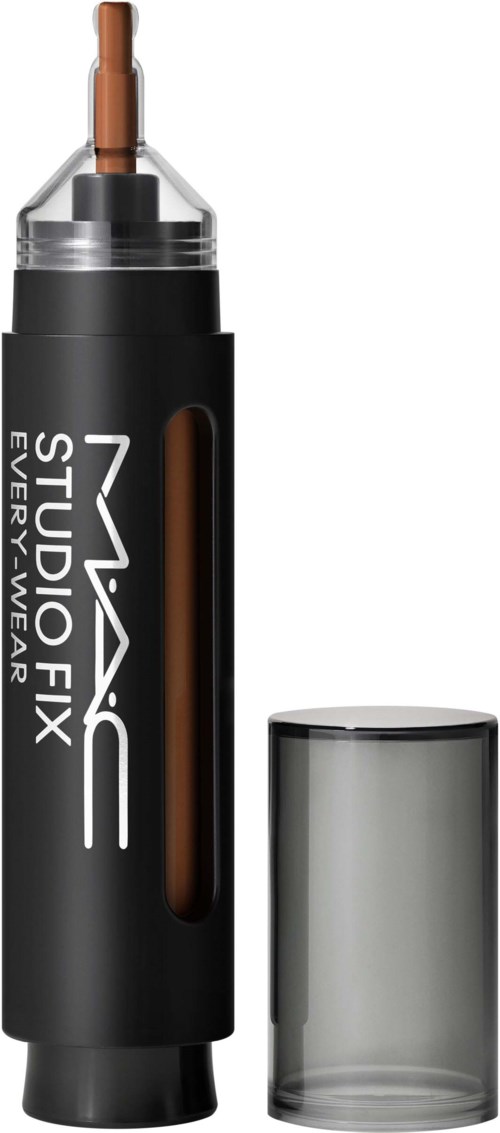 Ein schwarzer Zylinder mit transparentem Abschnitt und Deckel, gekennzeichnet als MAC Studio Fix für Abdeckung oder Grundierung.