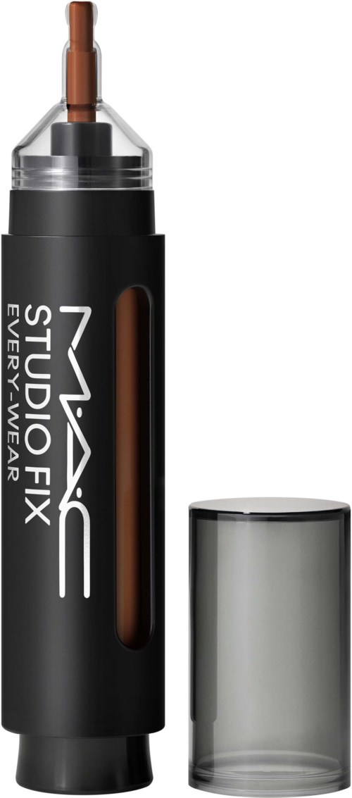 Eine schwarze und silberne MAC Studio Fix Flüssigfoundation Flasche mit klarem Deckel.