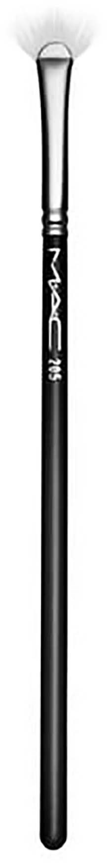 A makeup brush with a black handle and white bristles on a black background.