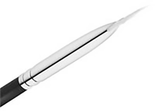 A makeup brush with a thin, angled tip and a black handle.