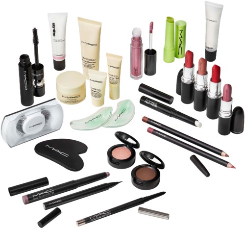 Samling av ulike sminkeprodukter, inkludert leppestifter, mascaras, eyelinere, børster og primer.