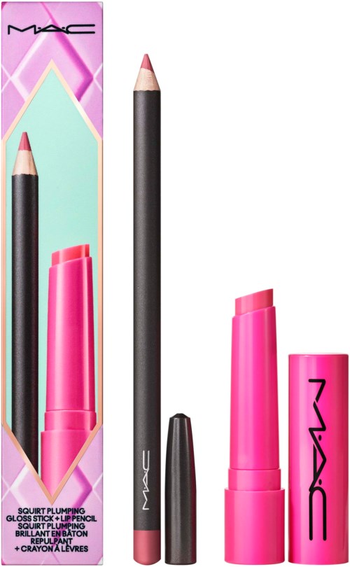 Lippenkonturenstift und Lippenstift mit rosa Verpackung und schwarzer Stift mit pinker Spitze.