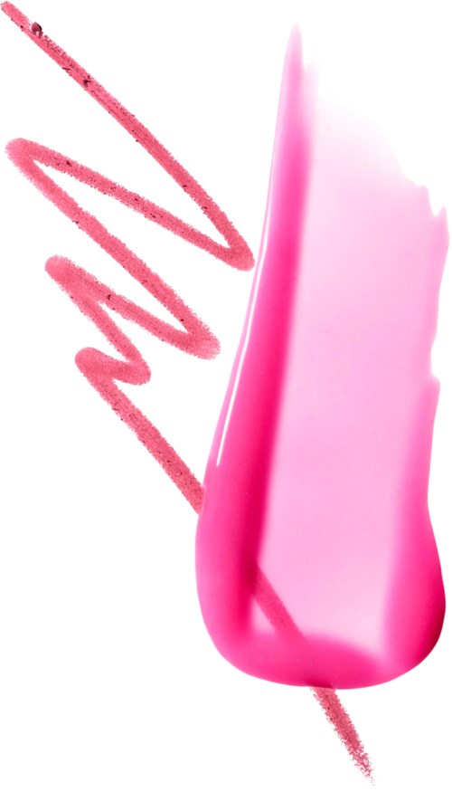 Pinke Kontur eines Lippenstifts mit Lippenstiftform und Schwungmarke im Hintergrund.