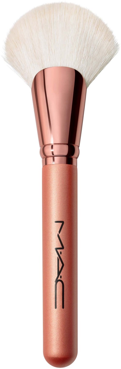 A makeup brush with a rose gold handle and white soft bristles.