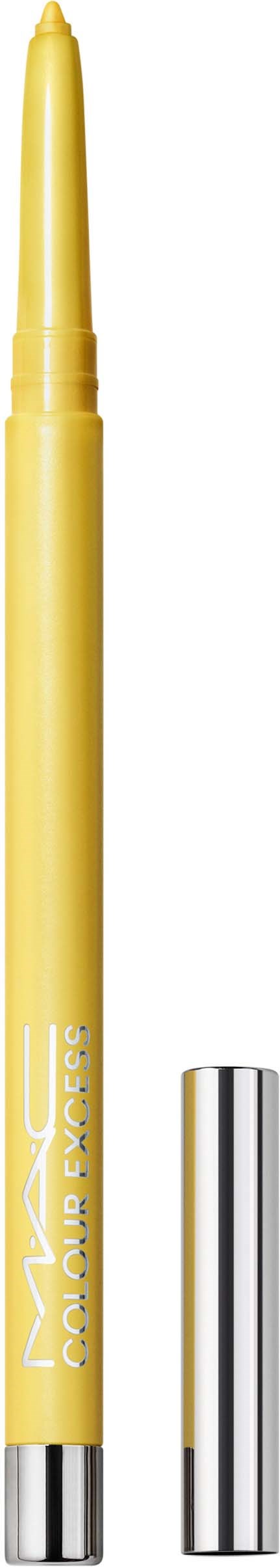 Een gele markeerstift met zilveren dop, met 'MAC' en 'Pro Longwear' op de body.