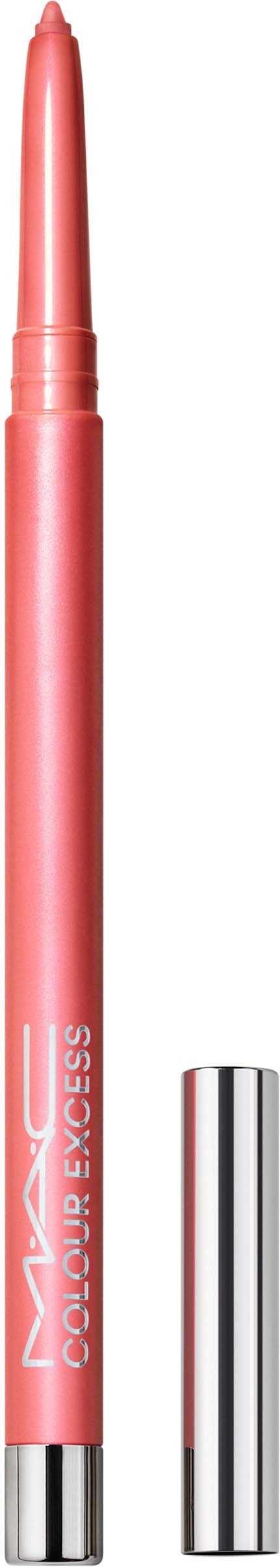 Een roze lippotlood met zilveren dop, gemerkt met 'MIX:AC' en 'Color Keep, Moesss'.