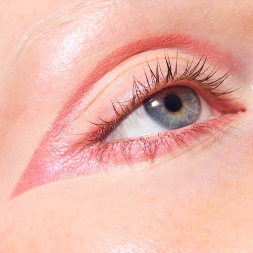 Close-up van een blauw oog met make-up, toont wimpers en huidtextuur.