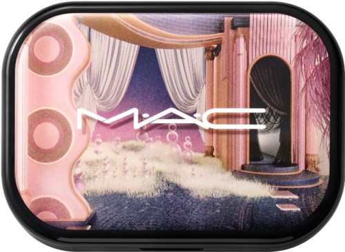 A makeup product with a pink, fluffy, luxurious background and MAC logo on a black case.