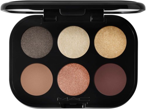 En sminke-palett med seks nyanser, inkludert skimrende og matte farger i grått, krem, gull, beige, rosa og burgunder.