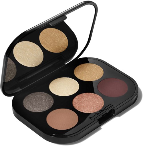 En svart sminke-palett med seks øyenskygger, noen med shimmer og matte finish, i et speilbeholder.