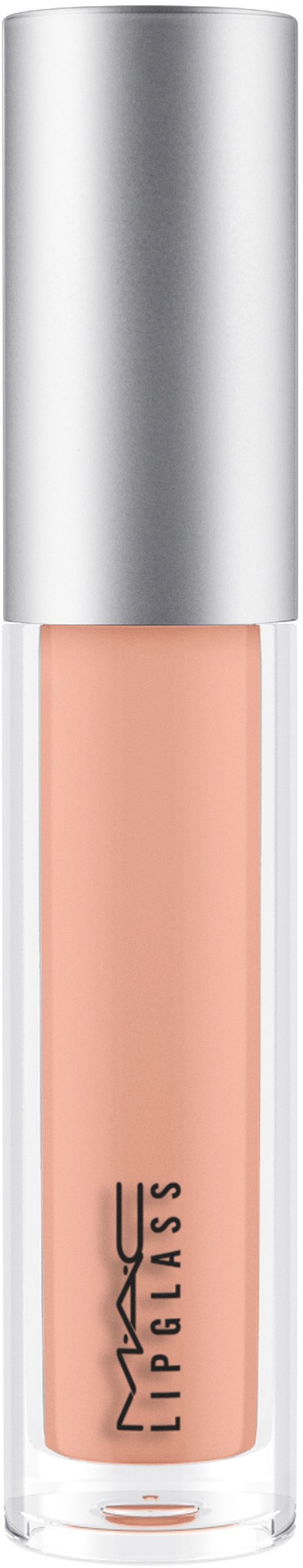 Et rør med MAC Lipglass med gjennomsiktig emballasje, sølvhette, ferskenfarget gloss inne.