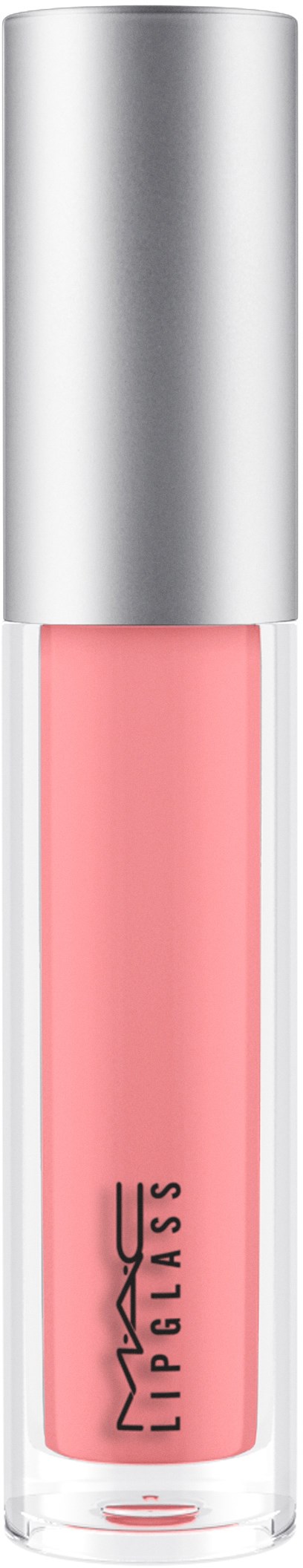 Et rør med MAC Lipglass leppestift med sølvhette og rosa gloss inni.