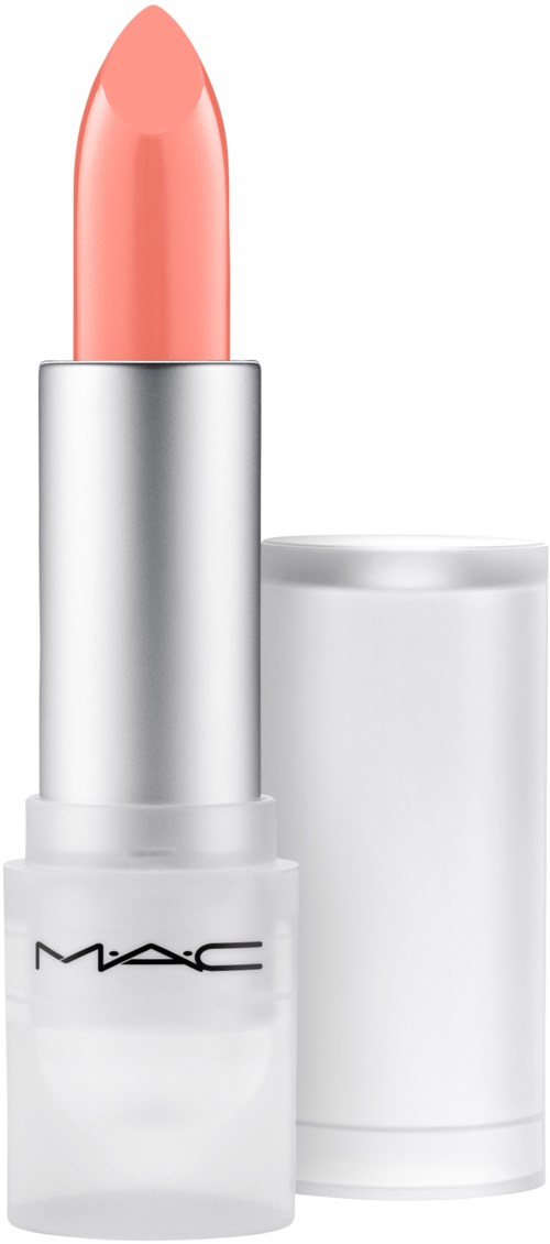 Lys rosa leppestift i en sølv- og hvit tube med MAC-logo, står med lokket av.