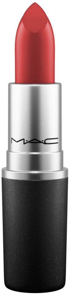 En röd läppstift i ett svart och silverrör. MAC-loggan finns på silverdelen.