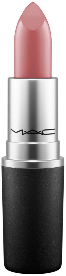 Ett rosa läppstift i ett silver- och svart rör med MAC-logotyp. Läppstiftet är format med en rundad spets.