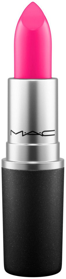 En rosa läppstift med svart och silverrör, visar MAC-loggan på den silverfärgade delen.