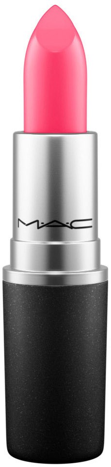 A pink lipstick in a silver and black case from MAC cosmetics.