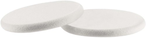 Two white round makeup sponges stacked on top of each other.