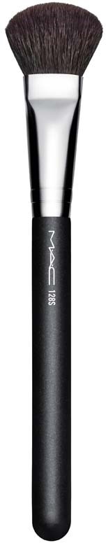 Makeup brush with black handle and dense brown bristles for face or eye makeup.