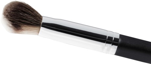 Cosmetic brush with black handle and soft, fluffy bristles.